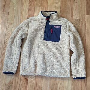 Vineyard Vines Sherpa Fleece Jacket Boys Small Beige Blue Sweatshirt Winter